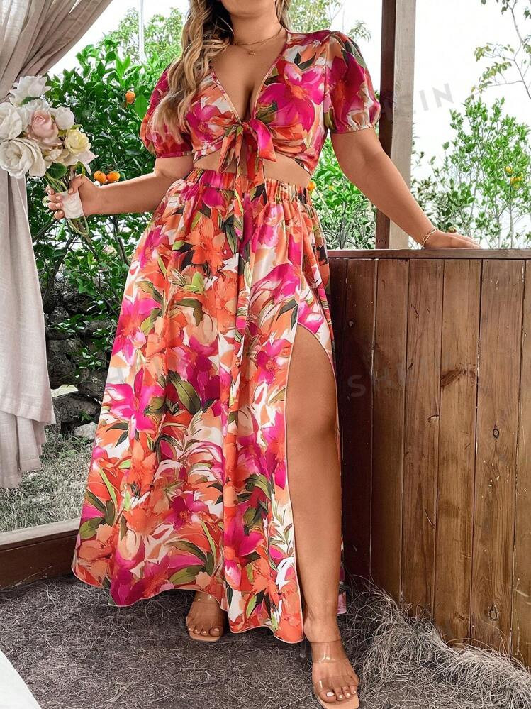 TrendsSHEIN WYWH Plus Size Floral Print Cropped Top With High Slit Skirt Two-Piece Set | SHEIN