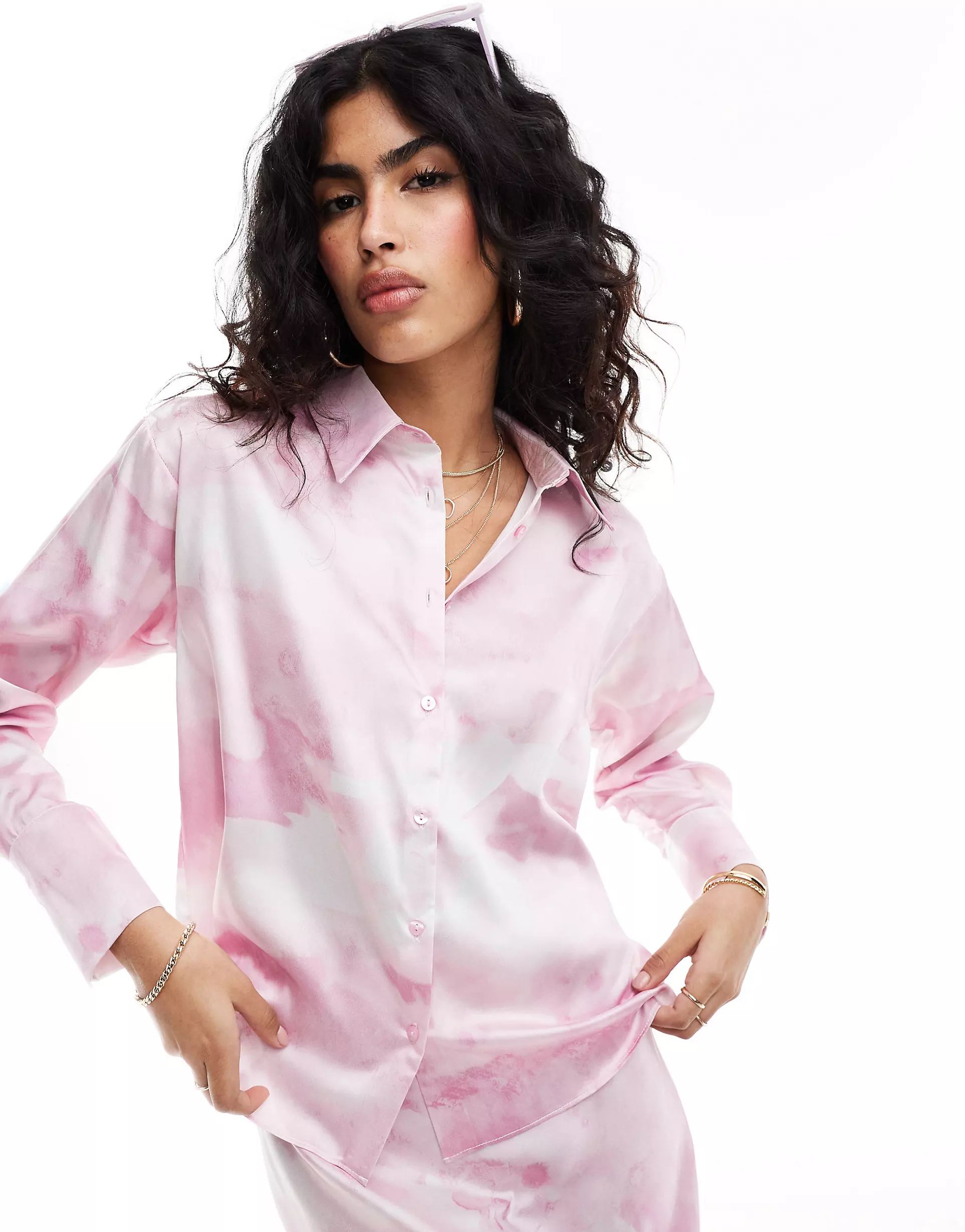 Style Cheat satin oversized shirt in prink smudge print - part of a set | ASOS | ASOS (Global)