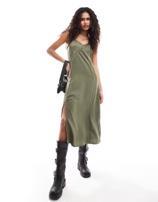 French Connection satin midi slip dress in khaki | ASOS (Global)