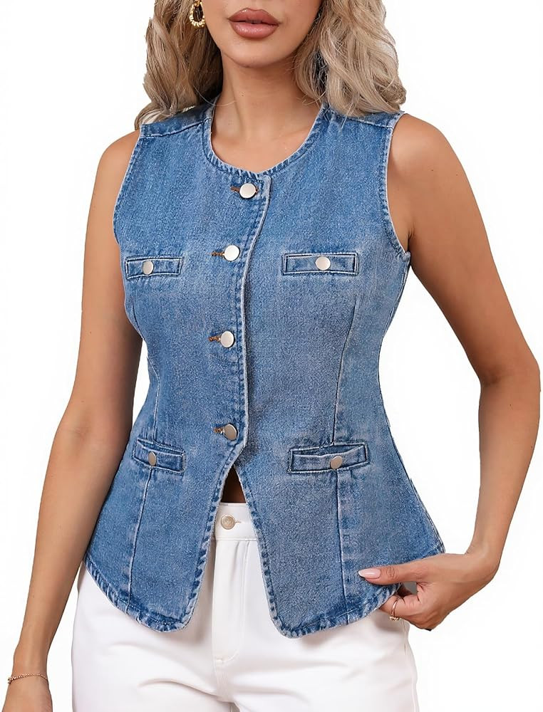 Ladyful Jean Vest Top for Women Sleeveless Button Down Denim Vest Crew Neck Fitted Western Waistc... | Amazon (US)