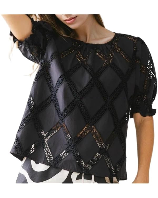 VAOYIU Womens Elegant Lace Detail Blouse Flattering Puff Sleeves Crew Neck Top Diamond Cutout Des... | Amazon (US)