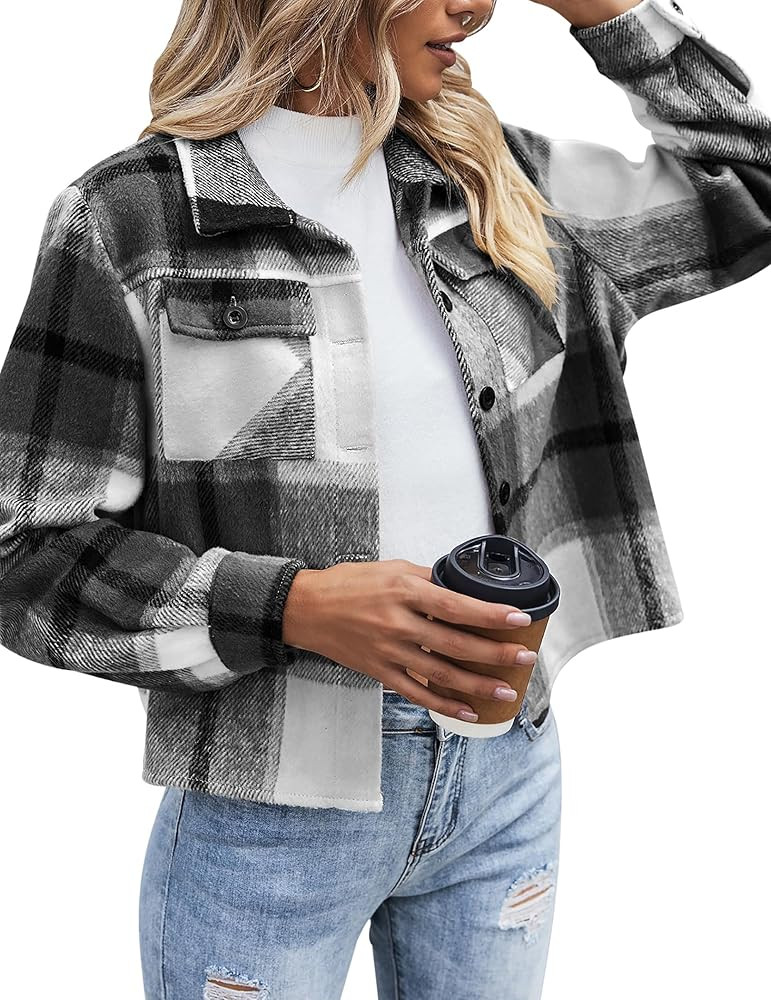 Zeagoo Flannels for Women Cropped Shacket Jacket Fashion Plaid Button Down Shirt 2023 Fall Coat T... | Amazon (US)