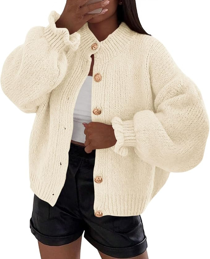PRETTYGARDEN Womens Cropped Cardigans Trendy 2025 Ruffle Open Front Chunky Knit Sweater Oversized... | Amazon (US)