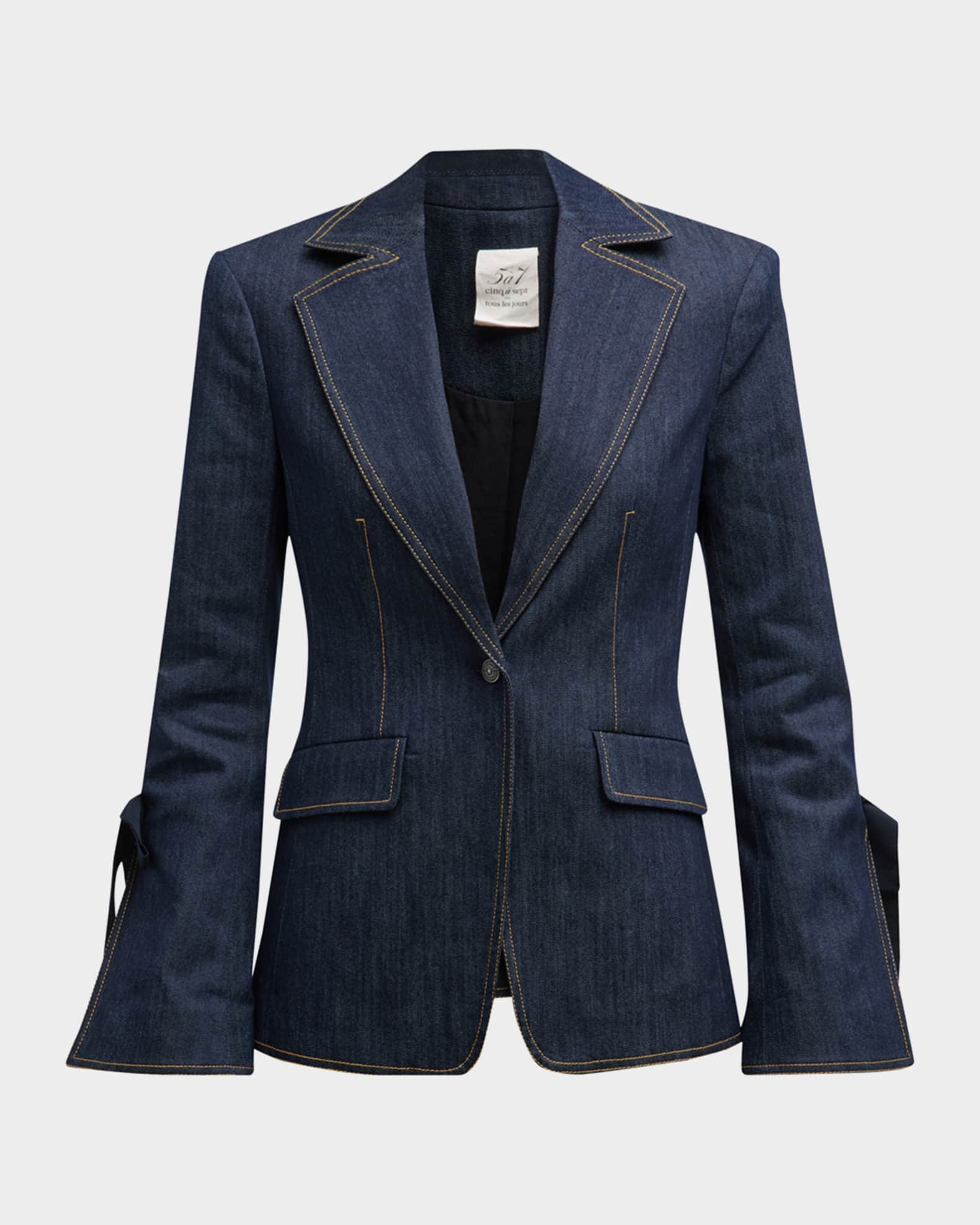Lou Tie-Cuff Topstitched Denim Blazer | Neiman Marcus
