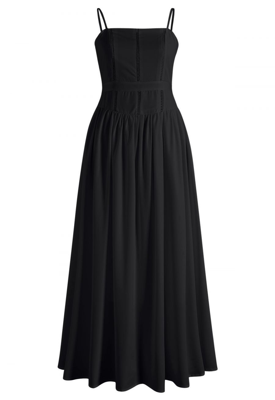 Solid Color Ladder-Lace Spaghetti Strap Dress in Black for Bridal Shower & Garden Elopement | Chicwish
