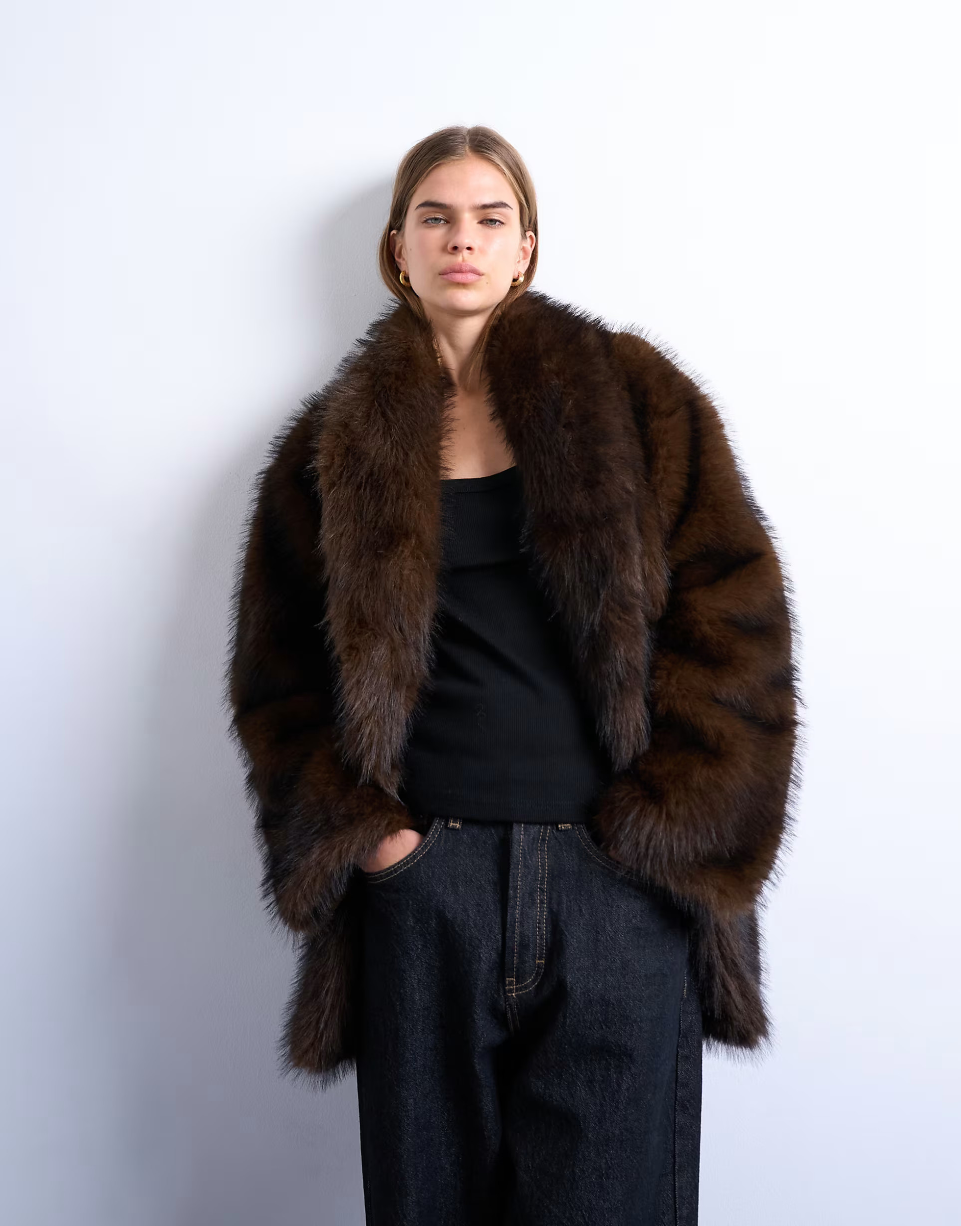 Topshop faux fur shawl mid length coat in chocolate | ASOS | ASOS (Global)