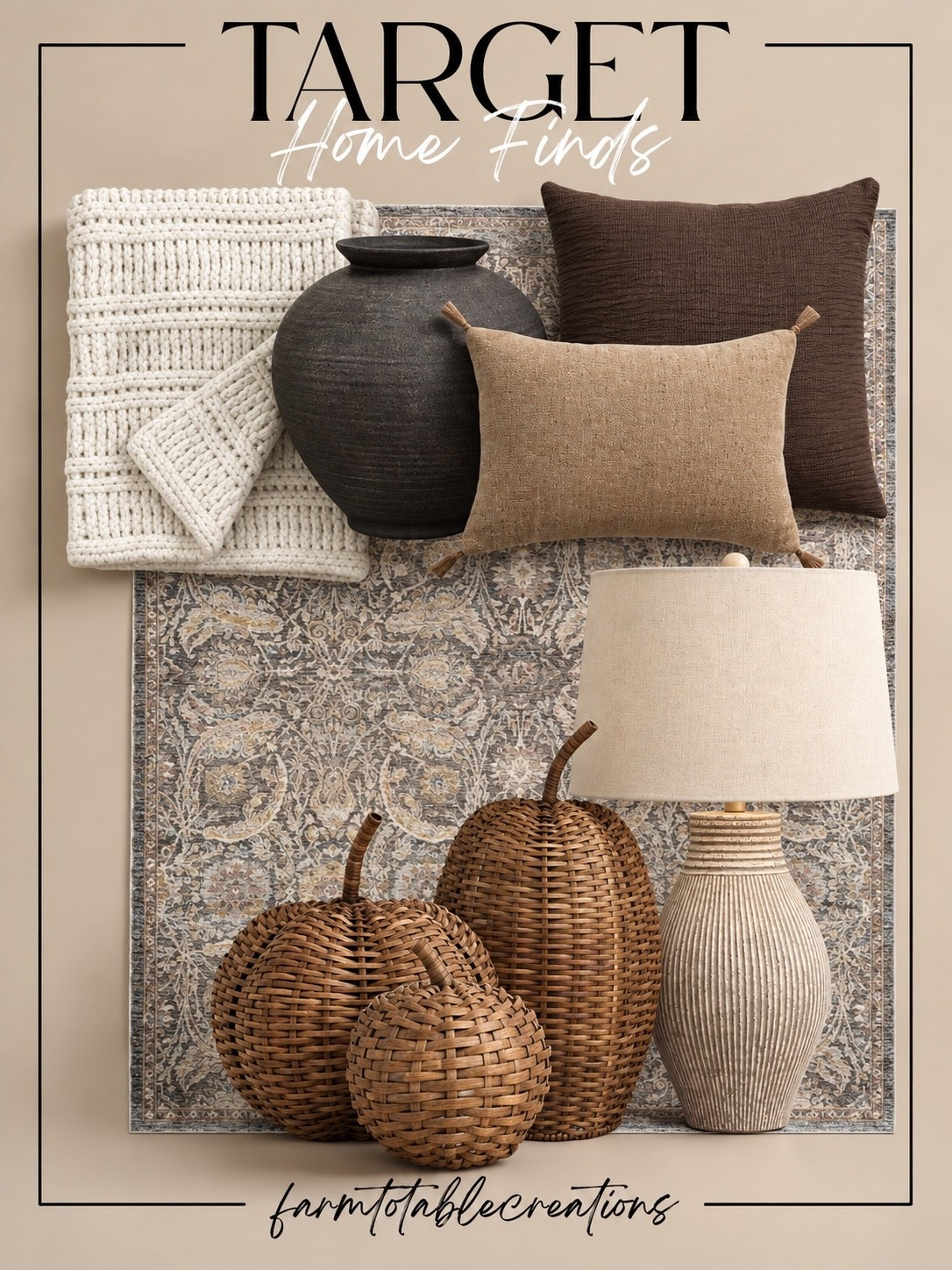 Target Cozy Fall Home Finds 🤎

Target’s fall home collection is so good for creating that warm, layered look without going overly seasonal. I love the mix of the vintage-inspired rug, chunky knit throw, earthy pillows, woven pumpkins, and oversized dark vase—the textures make everything feel cozy and collected.

These pieces are perfect for transitioning your home into fall while keeping your everyday neutral decor intact. The warm browns and natural woven details add just enough autumn character while still feeling timeless.

Follow @farmtotablecreations on Instagram for more cozy home finds and trending decor.

#LTKHome #TargetStyle #TargetFinds #TargetHome #TargetDecor #FallDecor #FallHome #CozyHome #NeutralHome #WarmNeutrals #AutumnDecor #HomeDecor #HomeInspo #DesignerInspired #LTKFinds

#LTKSaleAlert #LTKHome