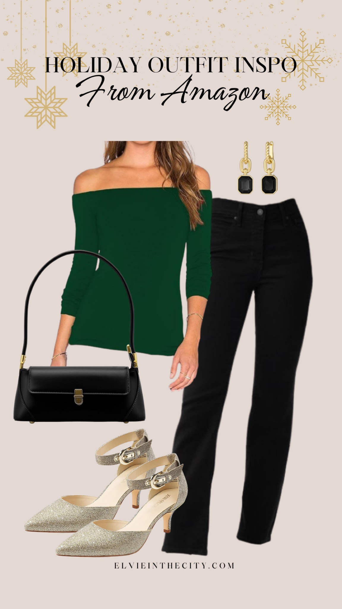 This holiday outfit inspiration is all from Amazon, and includes an off the shoulder green top paired with slim black Levi’s jeans, a black shoulder bag, gold heels, and gold earrings.

Holiday outfit inspiration, Christmas outfit, winter outfit, ootd, fashion over 40, holiday party

#LTKFindsUnder50 #LTKHoliday #LTKStyleTip