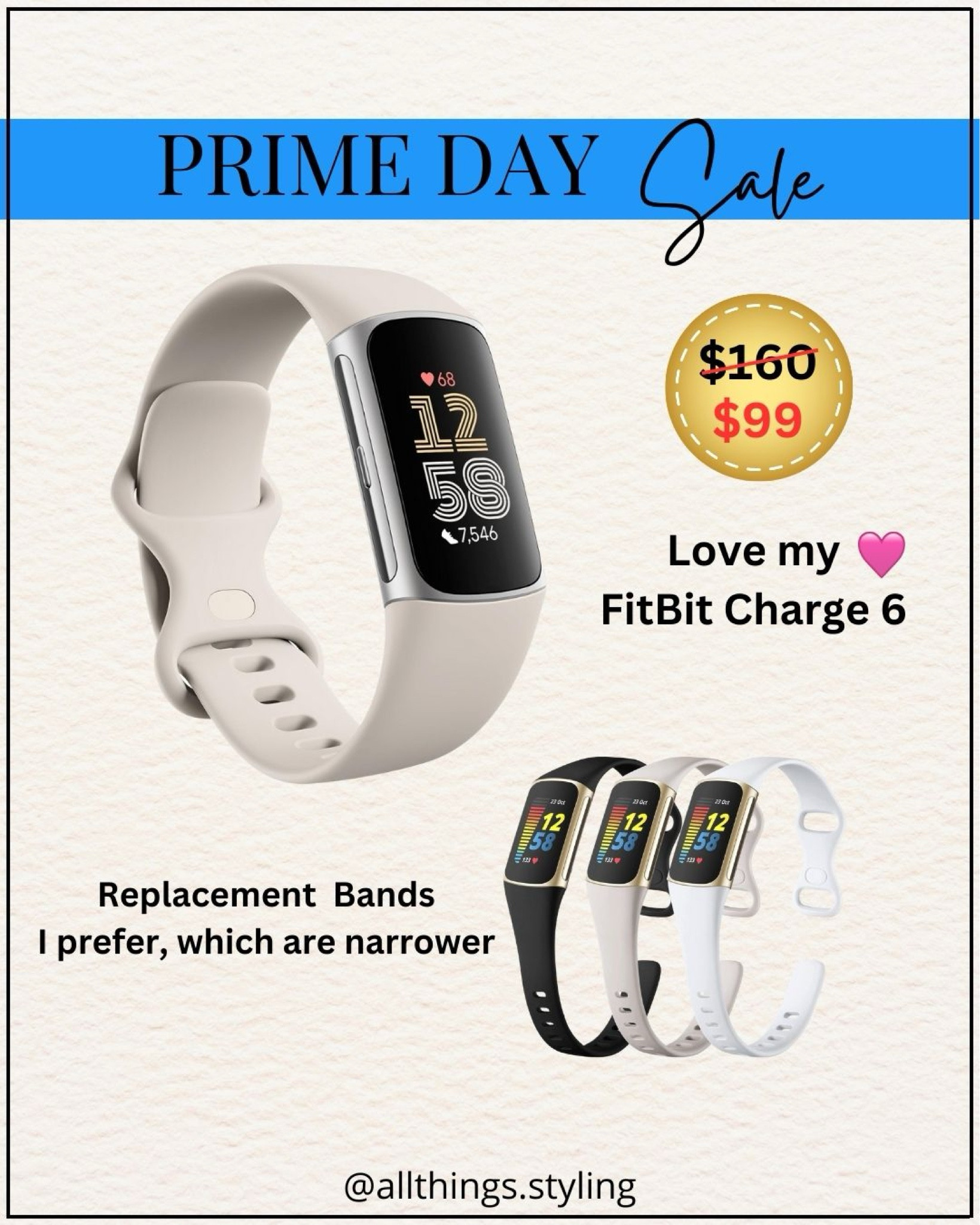 My FITBIT Charge 6 Fitness Tracker is 38% Off during PRIME DAY.  Perfect for my walks and links easily to my fitness apps 💗

Amazon Prime Day Sale, Fitbit fitness tracker watch, Fitbit bands, White Fitbit replacement band, Fitness tracker #LTKOver40

#LTKSaleAlert #LTKFitness #LTKActive