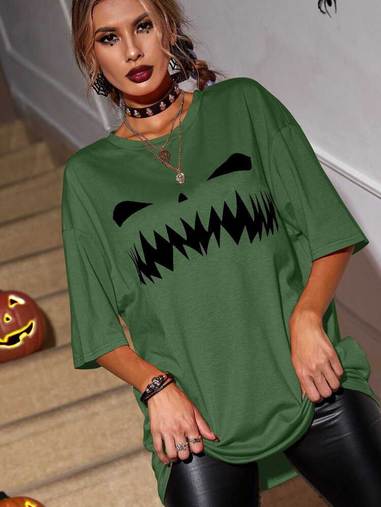 Halloween Pumpkin Print Drop Shoulder Tee | SHEIN