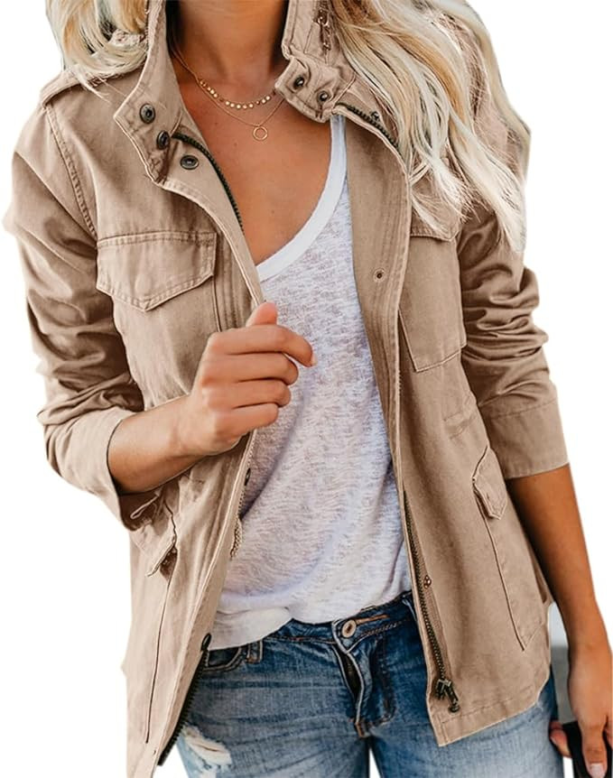 Pepochic Womens Military Jacket Zip Up Snap Buttons Lightweight Utility Anorak Field Safari Coat ... | Amazon (US)