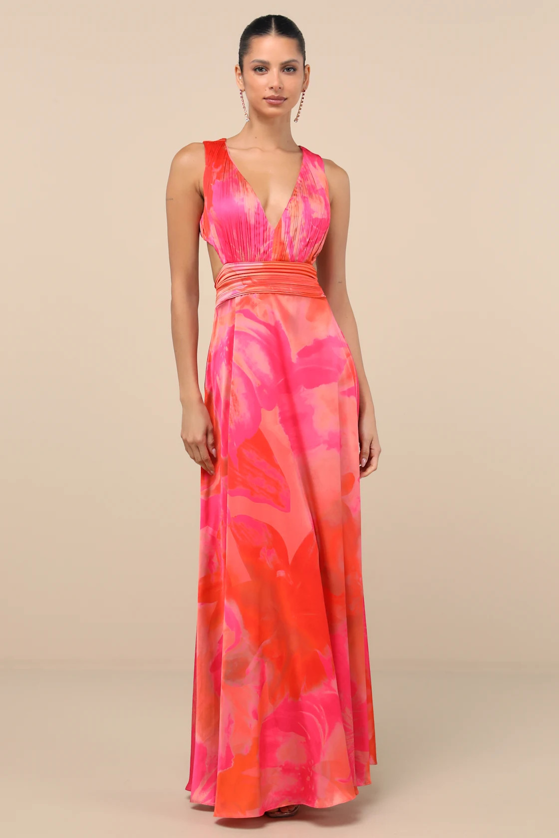 Dedra Pink and Orange Abstract Pleated Maxi Dress | Lulus