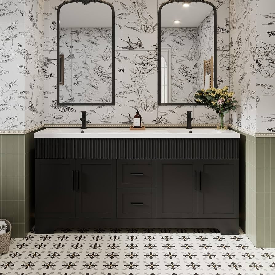 eclife 72" Bathroom Vanities Sink Combo with Painted Surface, Modern Drawered Cabinet W/Decorative Wave Lines, Undermount Double White Sink, Matte Black Faucet Drain, Black | Amazon (US)
