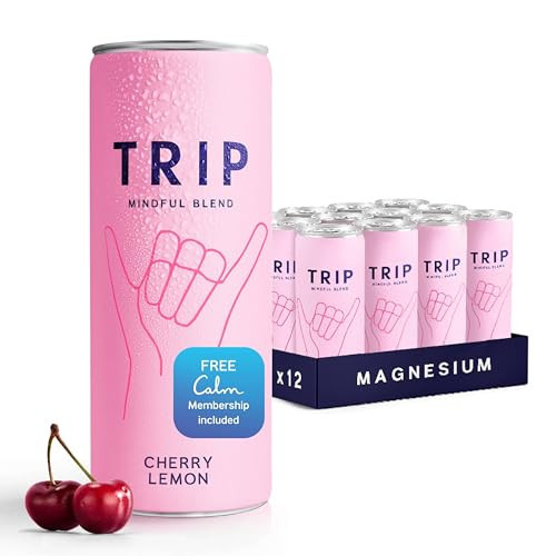 Trip Mindful Blend, Lightly Sparkling Adaptogen Seltzer, Mocktail w/ 120mg Magnesium Citrate with Ashwagandha, Lions Mane & L Theanine, No Added Sugar, Vegan, Cherry Lemon, 12 Oz, 12Pk | Amazon (US)
