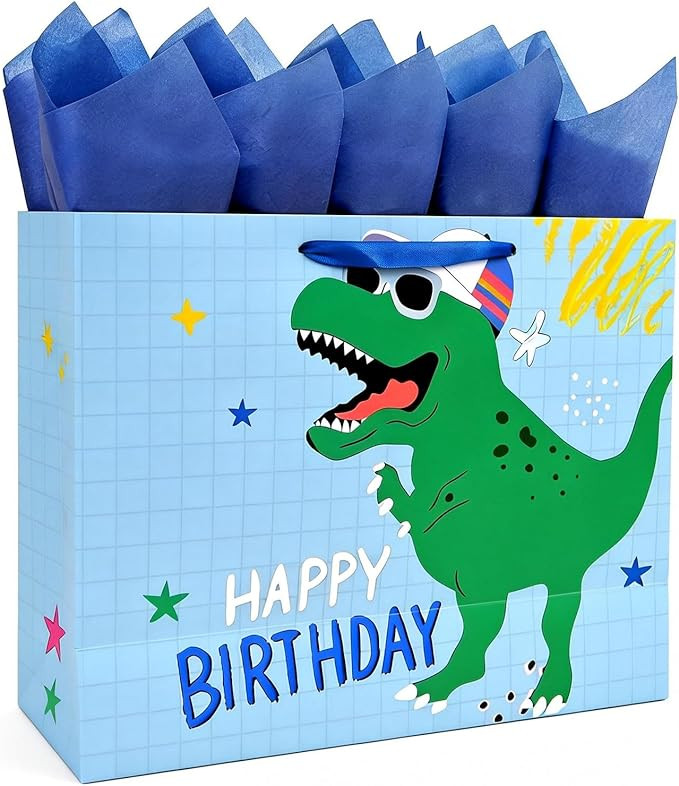 Joliloly 13" Happy Birthday Gift Bag, Dinosaur Print Sturdy Thick Paper Bag for Kids, Reusable Bi... | Amazon (US)