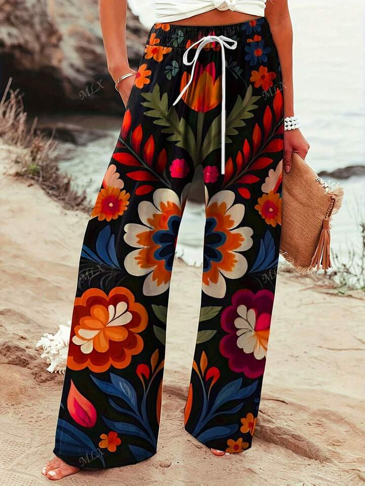 Women Loose Floral Print Casual Pants, Spring Summer Vacation High Waisted Bathing Suit | SHEIN