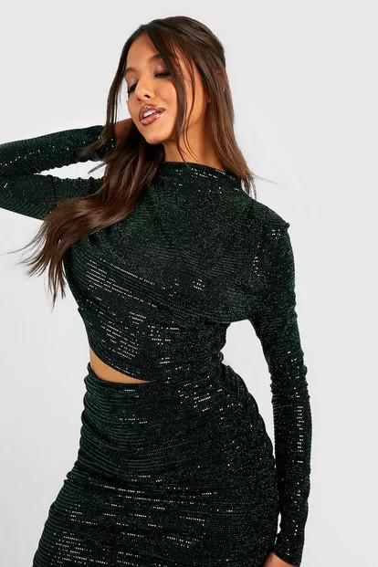 Sequin Pleat Detail High Neck Top & Midi Skirt Co-ord | Boohoo.com (UK & IE)
