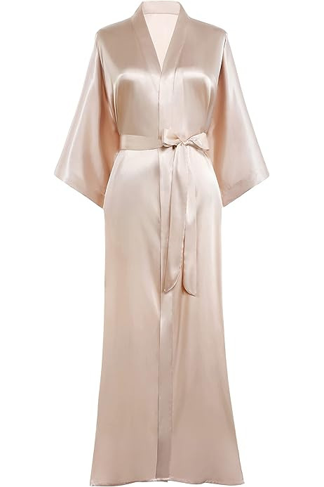 PRODESIGN Satin Kimono Robe Long Bath Robe with Ostrich Feather Trim Sleepwear Wedding Bridesmaid Ro | Amazon (US)