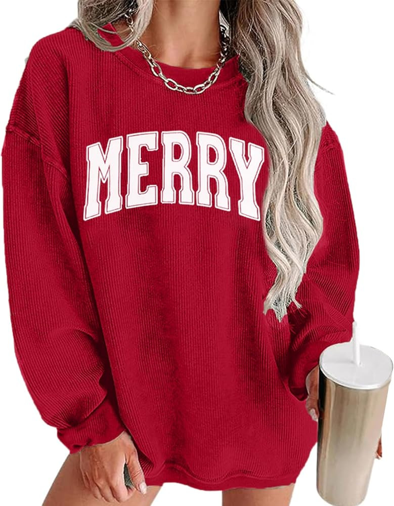 MAXIMGR Womens Crewneck Sweatshirt Christmas Sweatshirts Oversized Corduroy Merry Christmas Vacat... | Amazon (US)