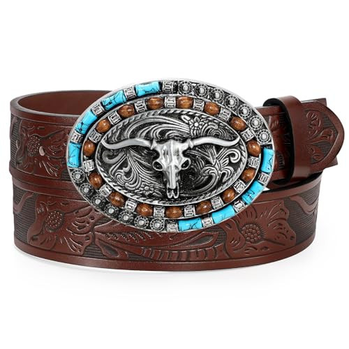 UpFind Western Leather Belt Cowboy Belt with Turquoise Buckle for Men Women Western Embossed Leather Belt for Jeans | Amazon (US)