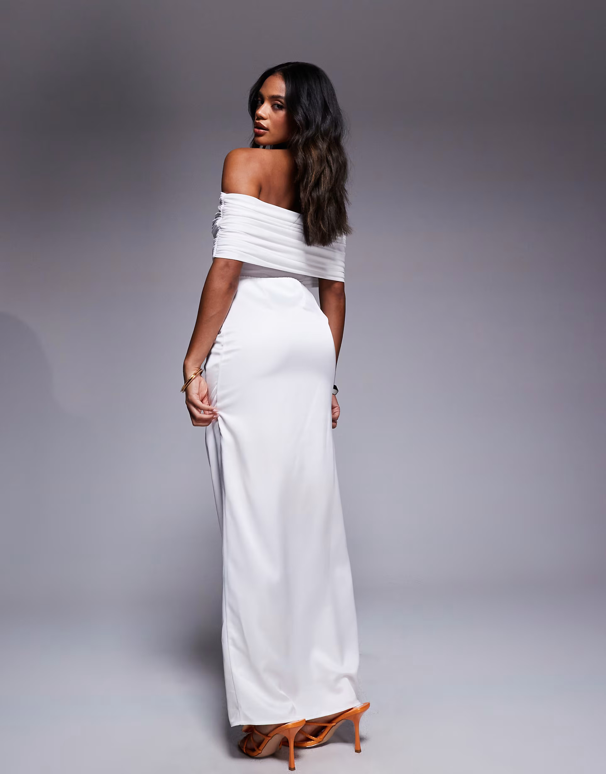 Aria Cove satin bardot sheer panel drape detail fishtail maxi dress in white | ASOS (Global)