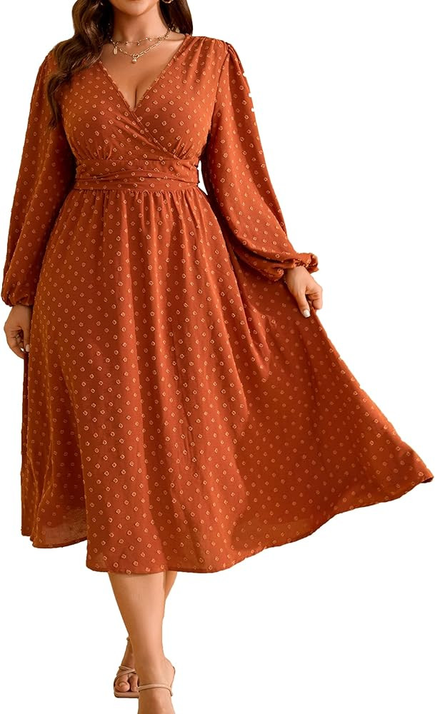 RWJ Women's Plus Size Fall Wedding Guest Dress Wrap V Neck Swiss Dot Lantern Long Sleeve Swing Bo... | Amazon (US)