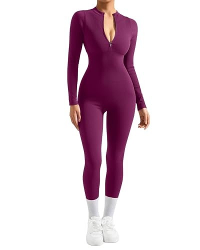 SUUKSESS Women Long Sleeve Ribbed Jumpsuit Sexy Zip up Front Workout One Piece Bodycon Jumpsuit Romper (Purple, XS) | Amazon (US)