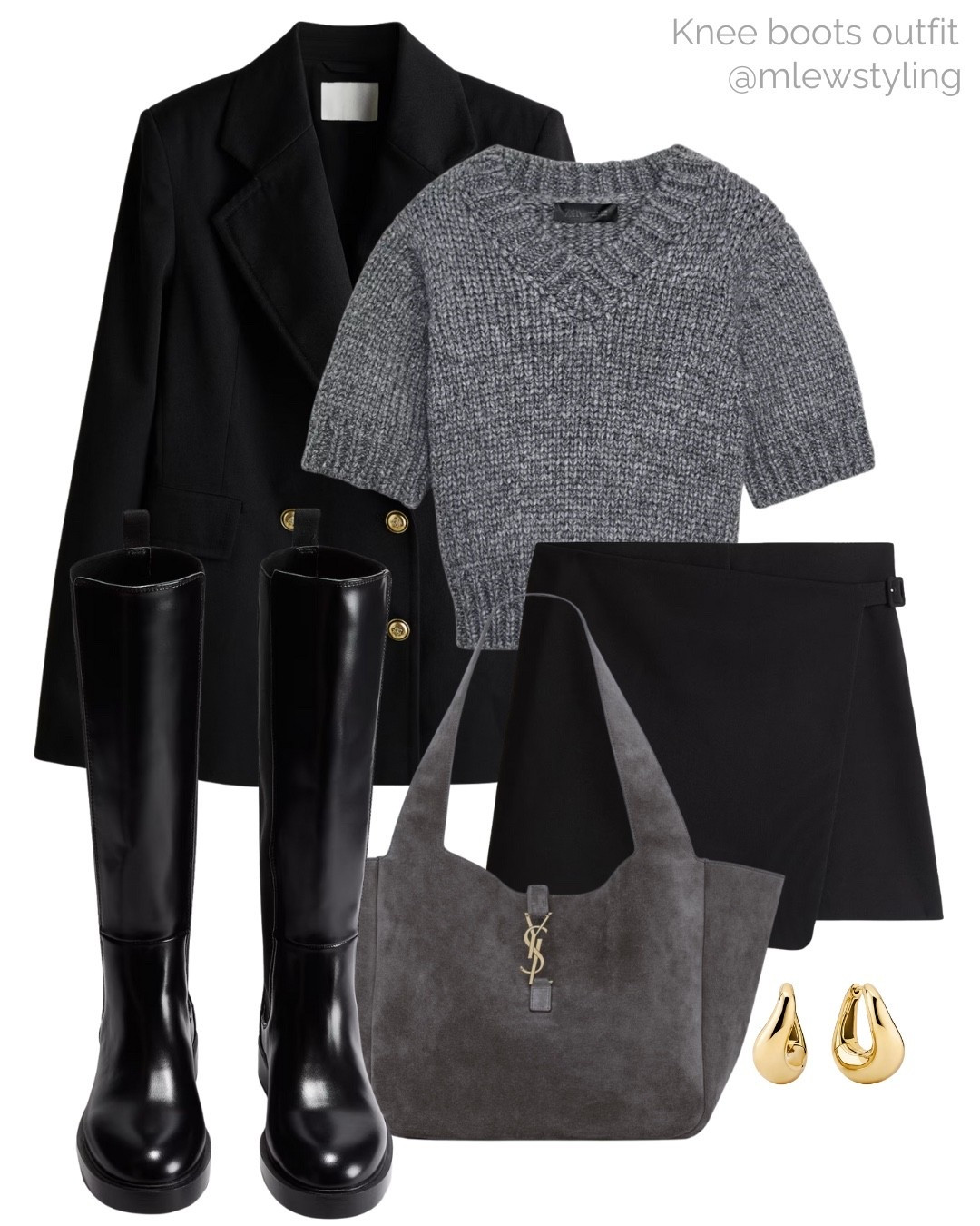 Fall work outfit with a black blazer, grey knit tee, black skirt, and black knee boots 🖤

Tags: new in Zara short sleeved sweater, H&M blazer, suede ysl tote bag, Mejuri gold earrings, black skort, casual workwear, fall outfit, autumn fashion, elevated outfit 

#LTKShoeCrush #LTKItBag #LTKWorkwear