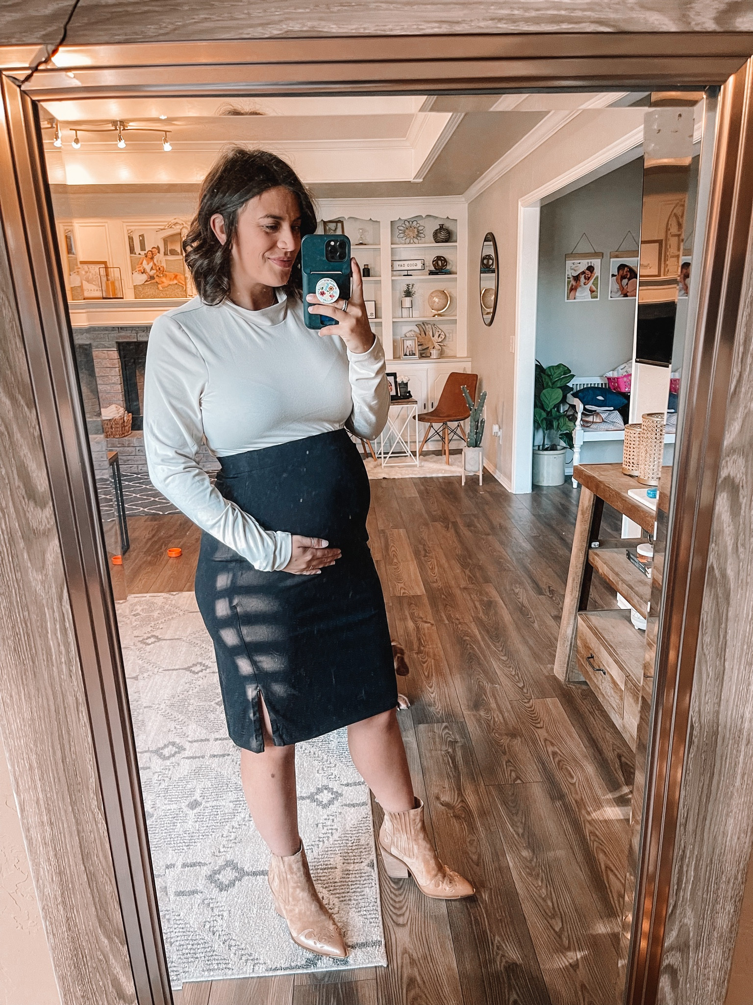 GibsonLook maternity style, cute midi skirt and the best mock neck bodysuit  

#LTKSeasonal #LTKunder100 #LTKbump