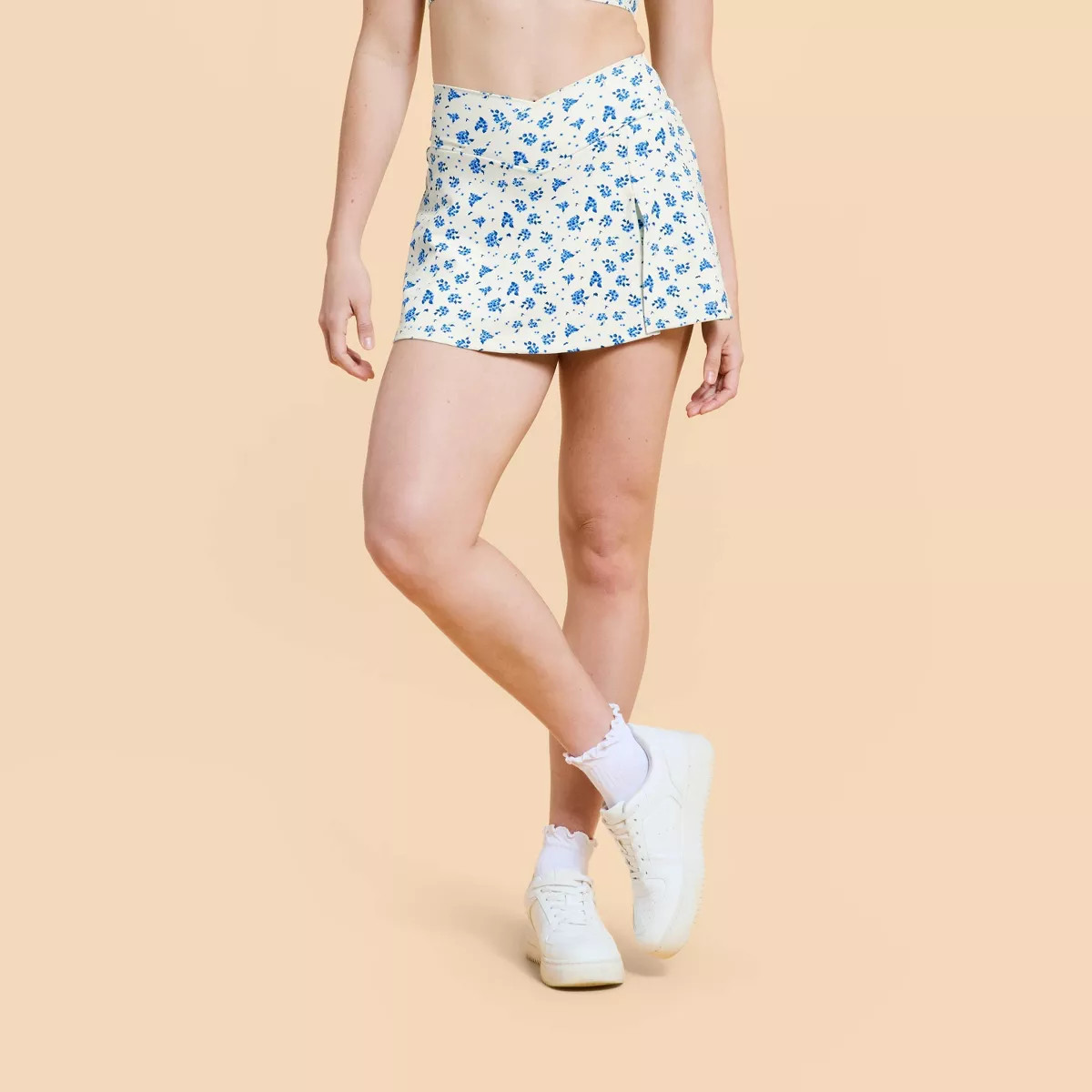 Blogilates Women's Criss Cross Slit High-Rise Skort - Cream/Blue Floral XS | Target