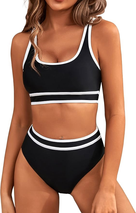 BMJL Women's High Waisted Bikini Sets Sporty Two Piece Swimsuits Color Block Cheeky High Cut Bath... | Amazon (US)