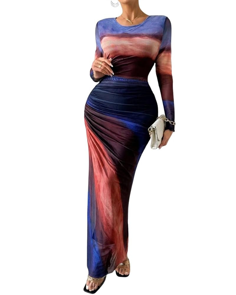 MOEENCN Women Sheer Mesh Maxi Dress Long Sleeve Bodycon Birthday Outfits Ruched Tie Dye Cocktail ... | Amazon (US)