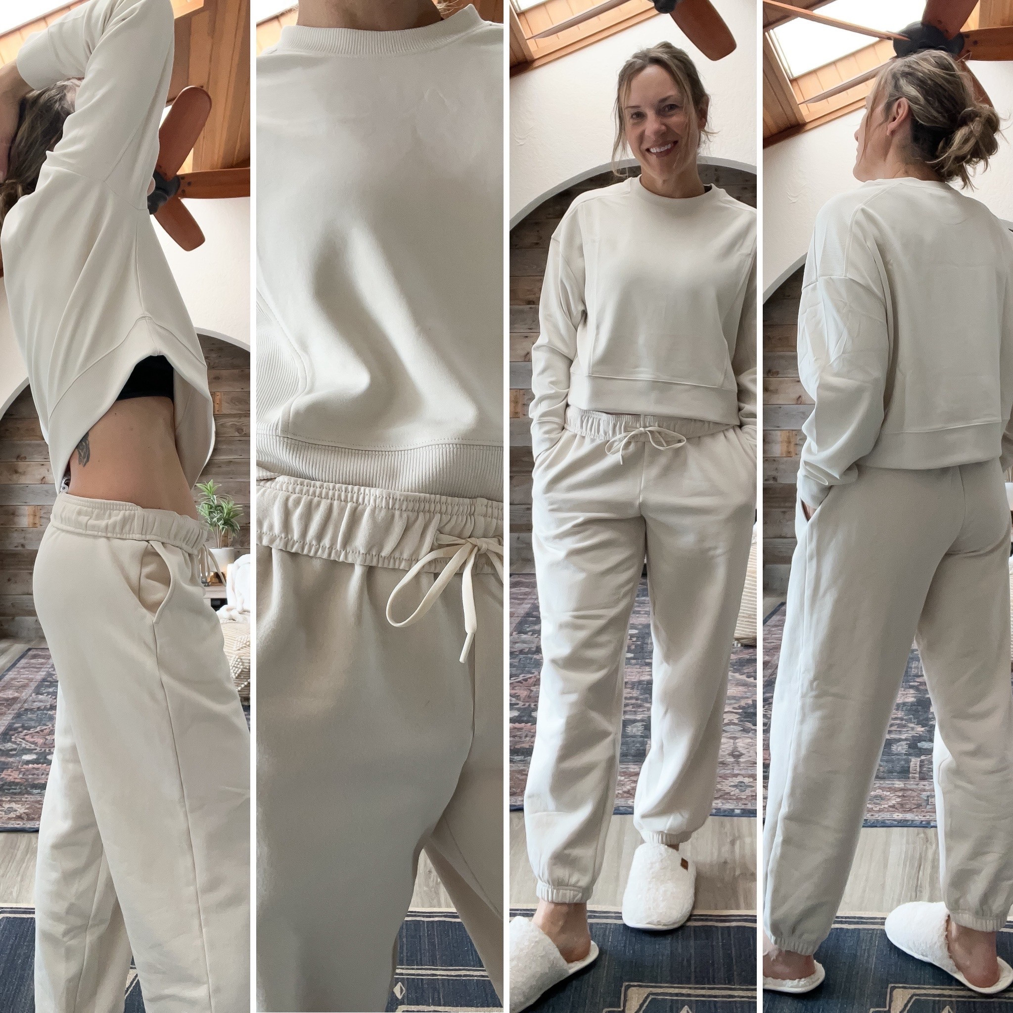 Down to every detail. The perfect creamy track suit for lounging or wearing out of the house. The inside of this crewneck is slick but not cold- I don’t know how to better describe it. Amazing. Sweatpants are so good. Traditional bigger fit for all the roomy slouchy was a person could want. (Less slouch? Size down one) several colors and all from my fav athletic brand. Linked slippers too #sweats #lounge #perfectloungewear #loungewear #tracksuit #neutralfit

#LTKOver40 #LTKdayinmylife #LTKmomlife