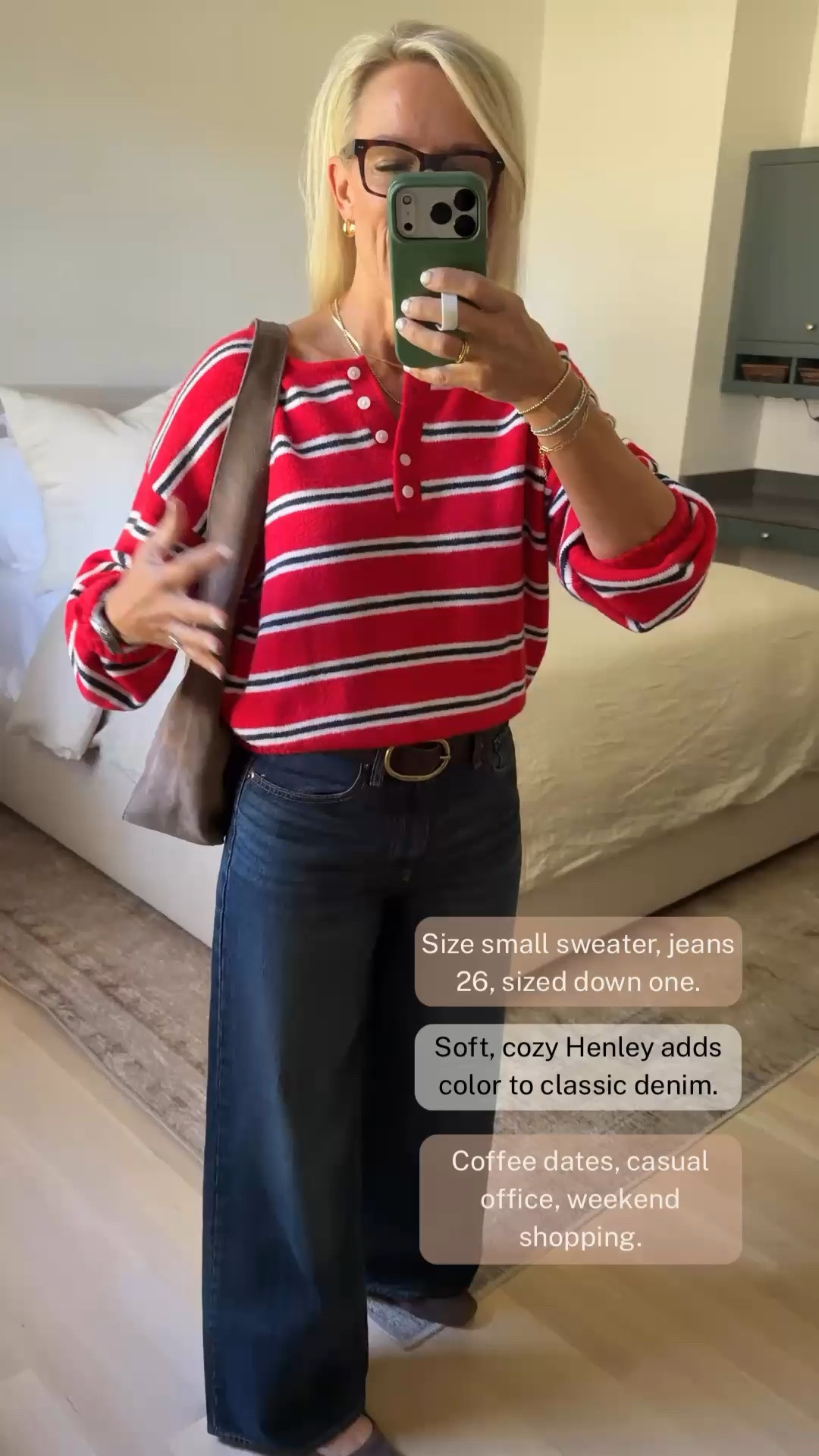 For next 2 days, use code AFLTK for 20% off Abercrombie and stacks on top of sales 

This red striped Henley sweater is such an easy way to add color to a classic denim outfit. I love the casual, timeless feel, and it pairs beautifully with dark-wash wide-leg jeans for a look that feels comfortable but still pulled together.
I’m wearing a small in the sweater and size 26 in the jeans, sized down one. The red color I’m wearing is almost sold out, but there are several other colors available to check out, too! Perfect for coffee dates, casual office days, or weekend shopping.