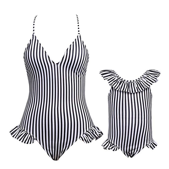 Matching Family Swimwear Ruffle Women Kids Girl Bikini Swimsuit Onesies Halter Striped Printed | Amazon (US)