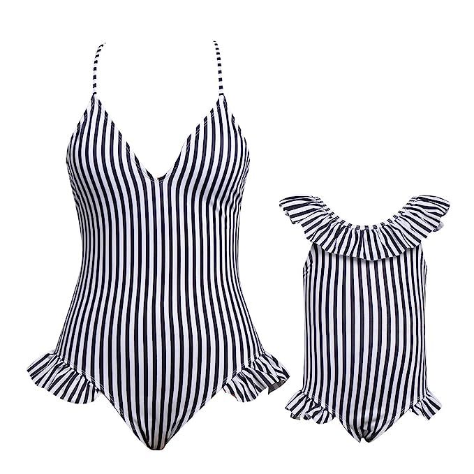 Matching Family Swimwear Ruffle Women Kids Girl Bikini Swimsuit Onesies Halter Striped Printed | Amazon (US)
