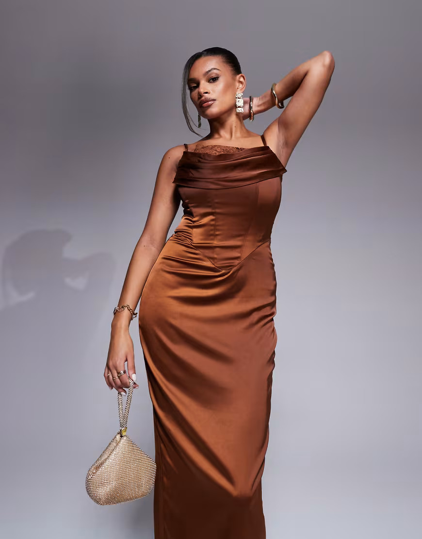 Taideux fuller bust Naomi satin midaxi boned corset dress with lace trim in toffee brown | ASOS (Global)