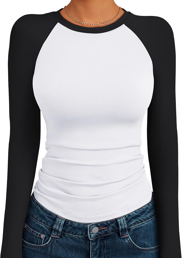 Trendy Queen Women's Long Sleeve Shirts Slim Fit Stretchy Color Block Slightly Cropped Tops | Amazon (US)