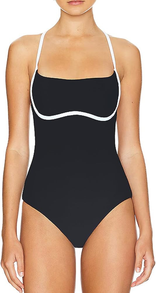 SherryDC Women's One Piece Swimsuit Cross Back Color Block High Cut Bathing Suit | Amazon (US)