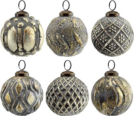AuldHome Farmhouse Ball Ornaments (Set of 6, Silver Gray); Distressed Metal Glass Ball Vintage St... | Amazon (US)
