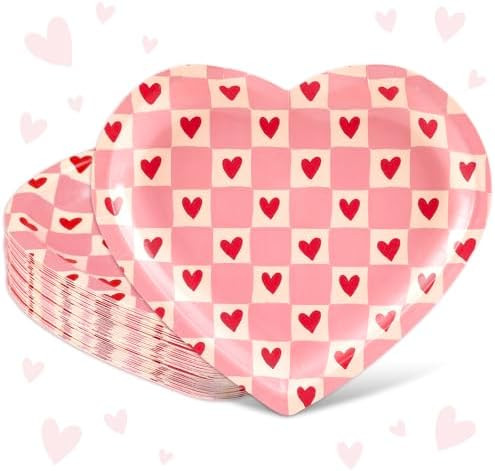 Valentine's Day Paper Plates Dinner Plates Pink Love Heart Shape Checkerboard Disposable Tablewar... | Amazon (US)