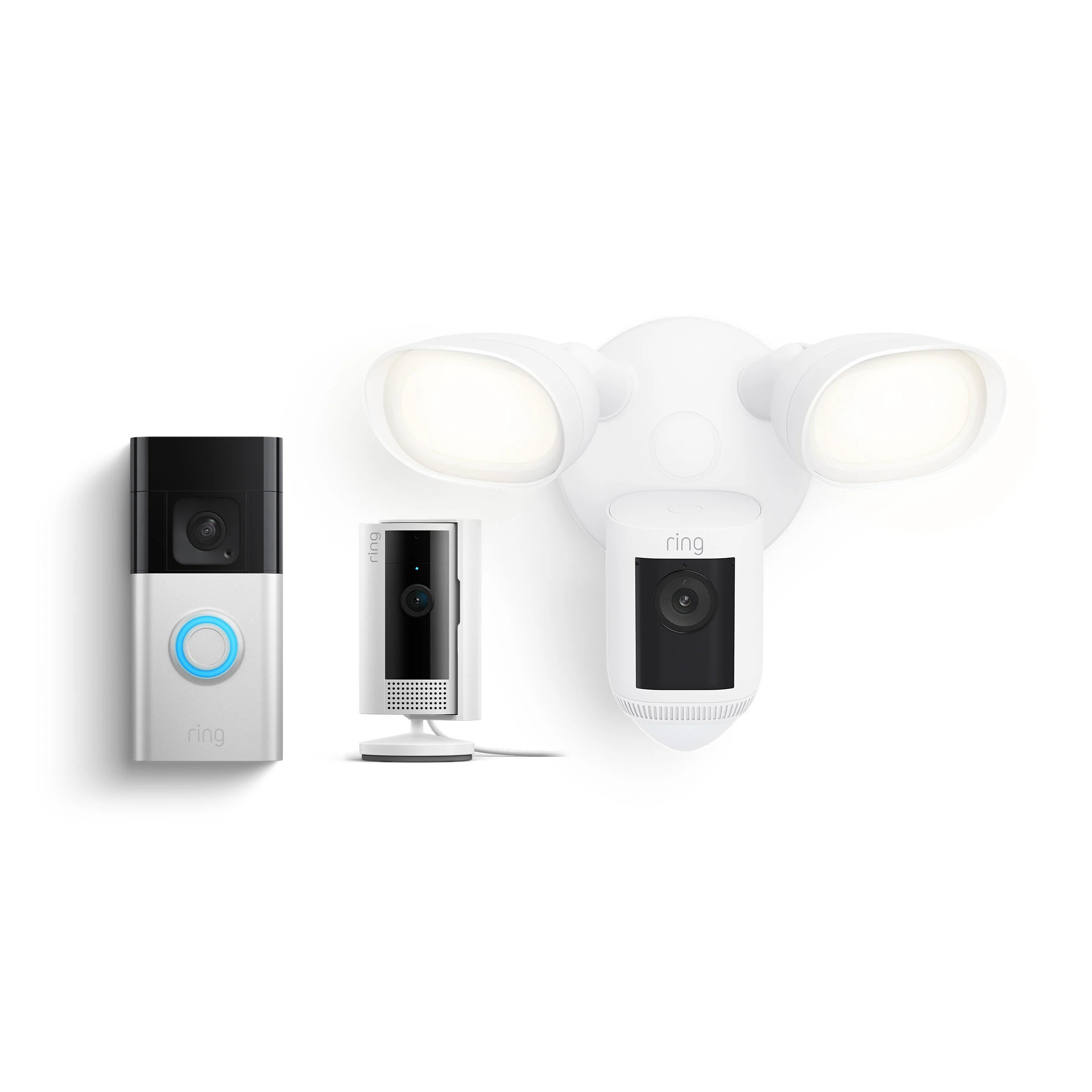 Ring Battery Doorbell Plus with Indoor Cam White (2nd Gen) and Floodlight Cam Wired Pro White Bundle | Lowe's
