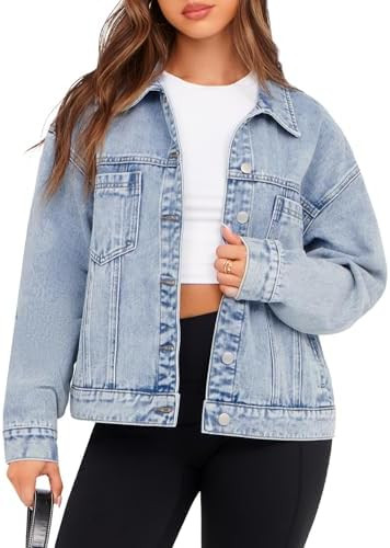 Glamaker Womens Oversized Jean Jacket Casual Long Sleeve Button Down Denim Jacket Fall Coat | Amazon (US)