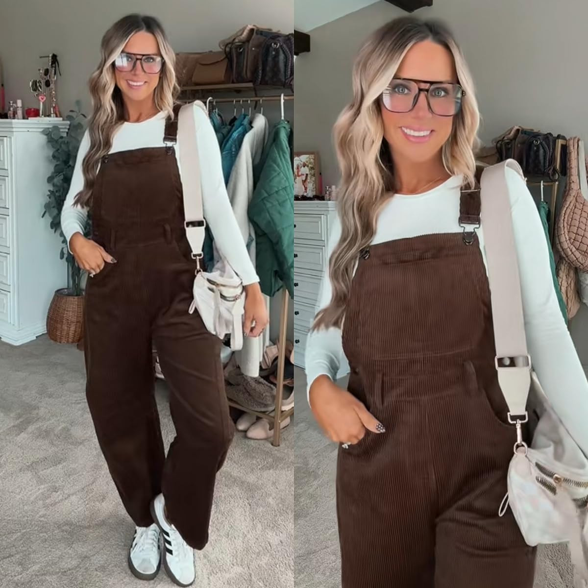 I love this corduroy jumpsuit! It's so comfy and the fit is perfect. Pair it with sneakers for the best casual outfit. I am 5’6 138lbs in size small barrel leg brown corduroy overalls, small long sleeve top, shoes run 1/2 size big.  

 #LTKSeasonal #LTKFindsUnder100 #LTKStyleTip