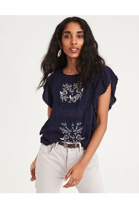 AE Embroidered Panel Shell Top | American Eagle Outfitters (US & CA)