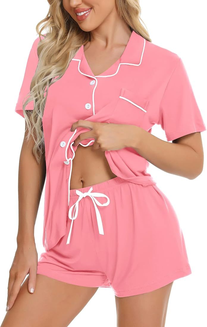 SWOMOG Womens Button Down Pajamas Set Short Sleeve Sleepwear Bride Soft Pj Lounge Sets S-XXL | Amazon (US)