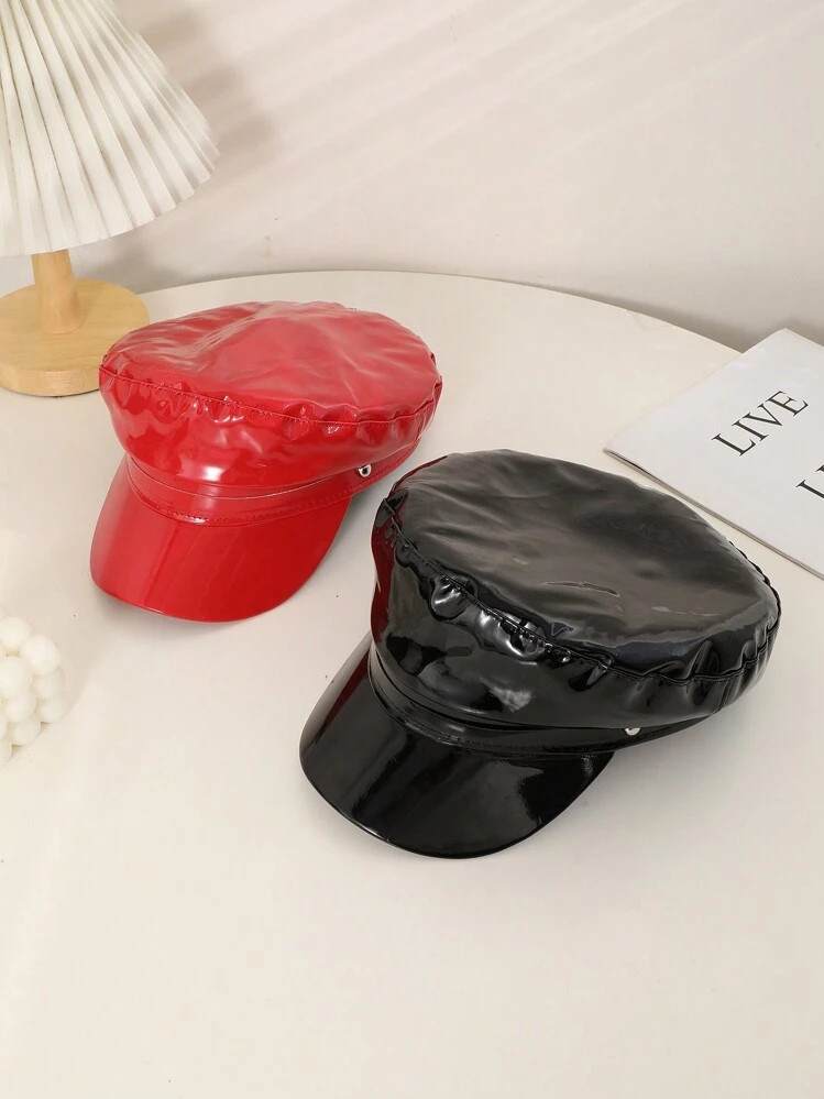 1pc Women's Black & Red Patent Leather Waterproof Flat Top Beanie Hat, Chic And Edgy European & A... | SHEIN