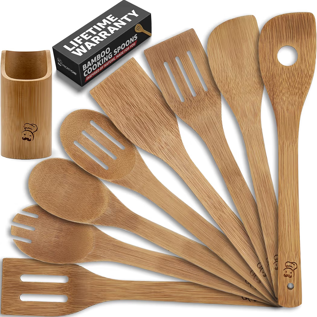 PriorityChef Wooden Spoons for Cooking, 8Pc with Utensil Holder, Non Scratch Bamboo Cooking Utens... | Amazon (US)