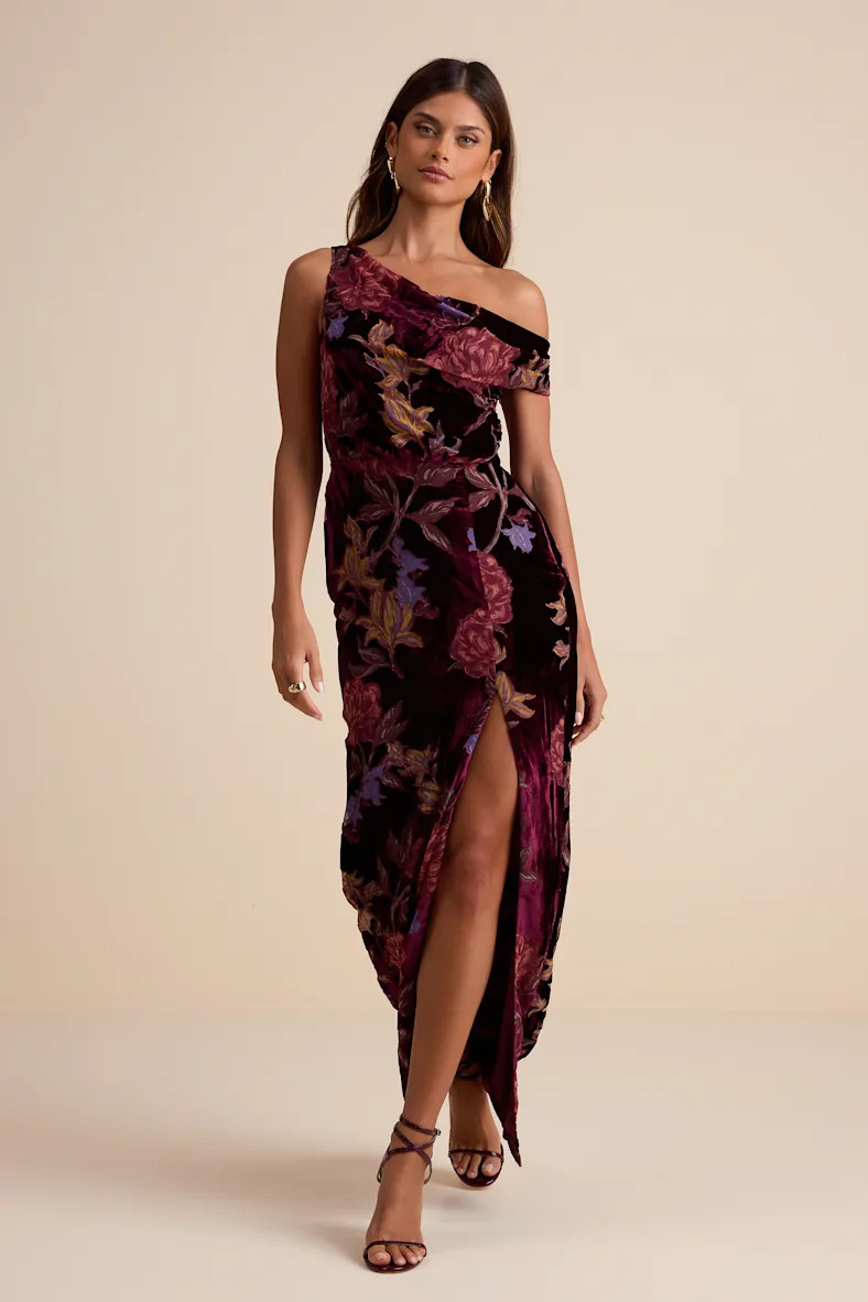 Marnella Burgundy Floral Velvet Burnout Asymmetrical Maxi Dress | Lulus