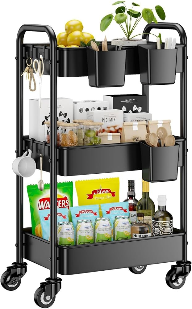 YASONIC 3 Tier Rolling Cart - Metal Utility Cart with Wheels, Hanging Cups, Hooks, Heavy Duty Mes... | Amazon (US)